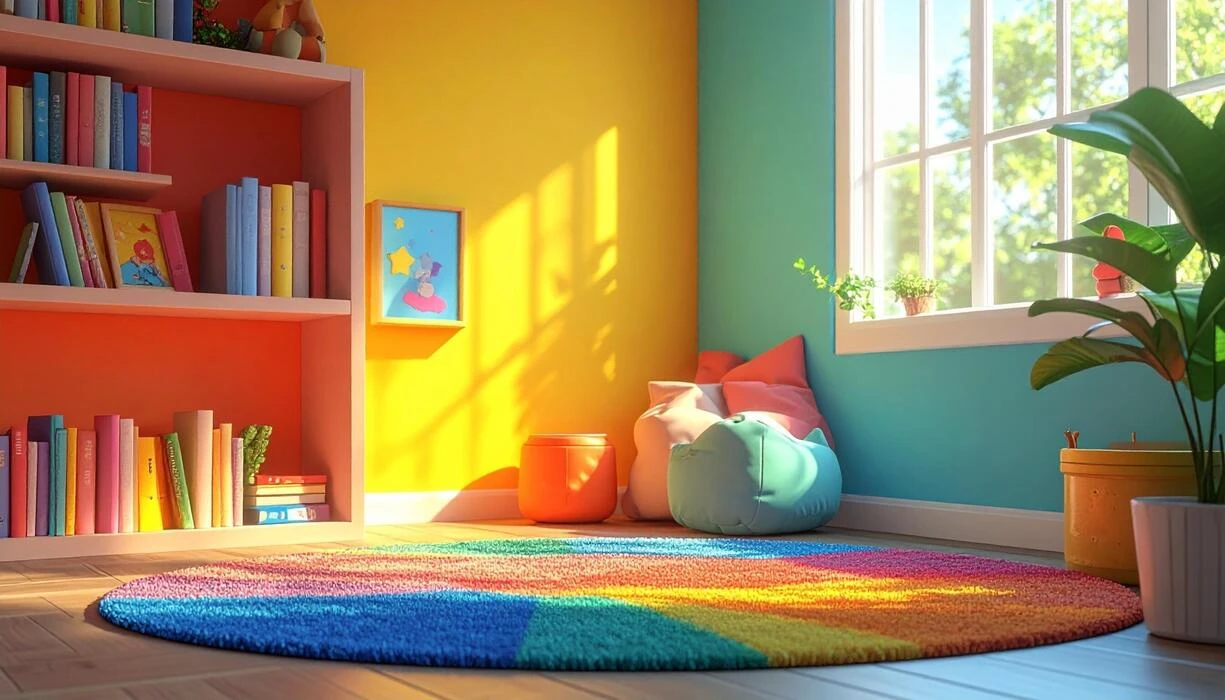 Colorful kids room with rainbow rug and bookshelf