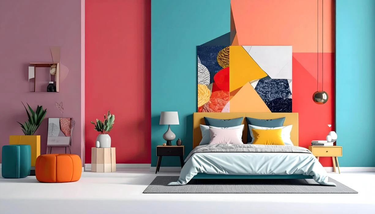 Vibrant bedroom with bold geometric colors